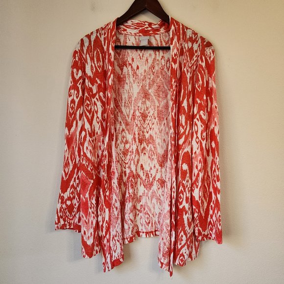 Chico's Women Light Cardigan Open Front Aztec Orange Size 3/XL 100% Linen Casual - Picture 1 of 13